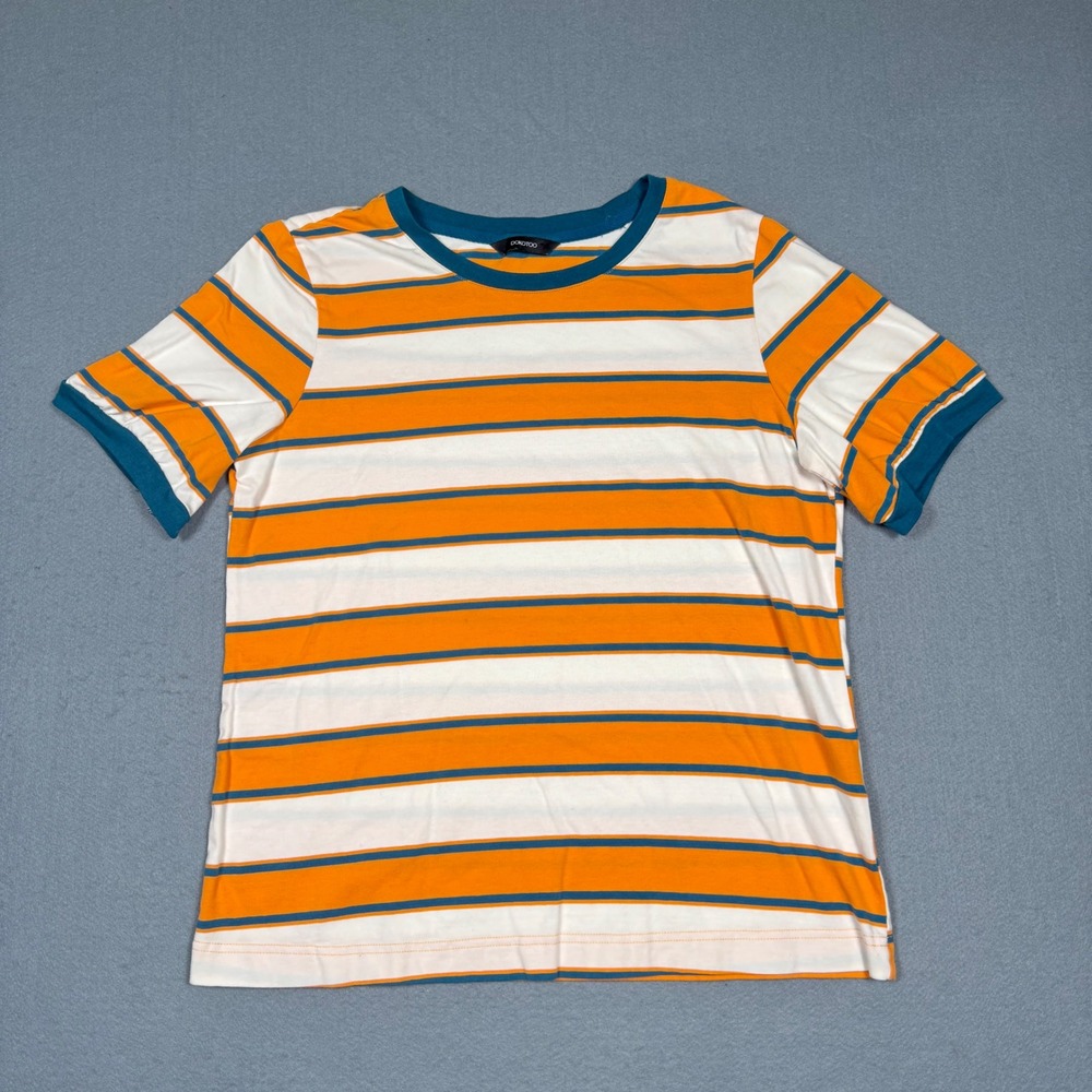 Dokotoo T-Shirt Womens Medium Orange White Striped Short Sleeve Ringer Tee Retro